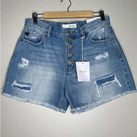 Kancan High Rise Button Fly Light Wash Jean Shorts NWT Size 28 Blue - Picture 2 of 7